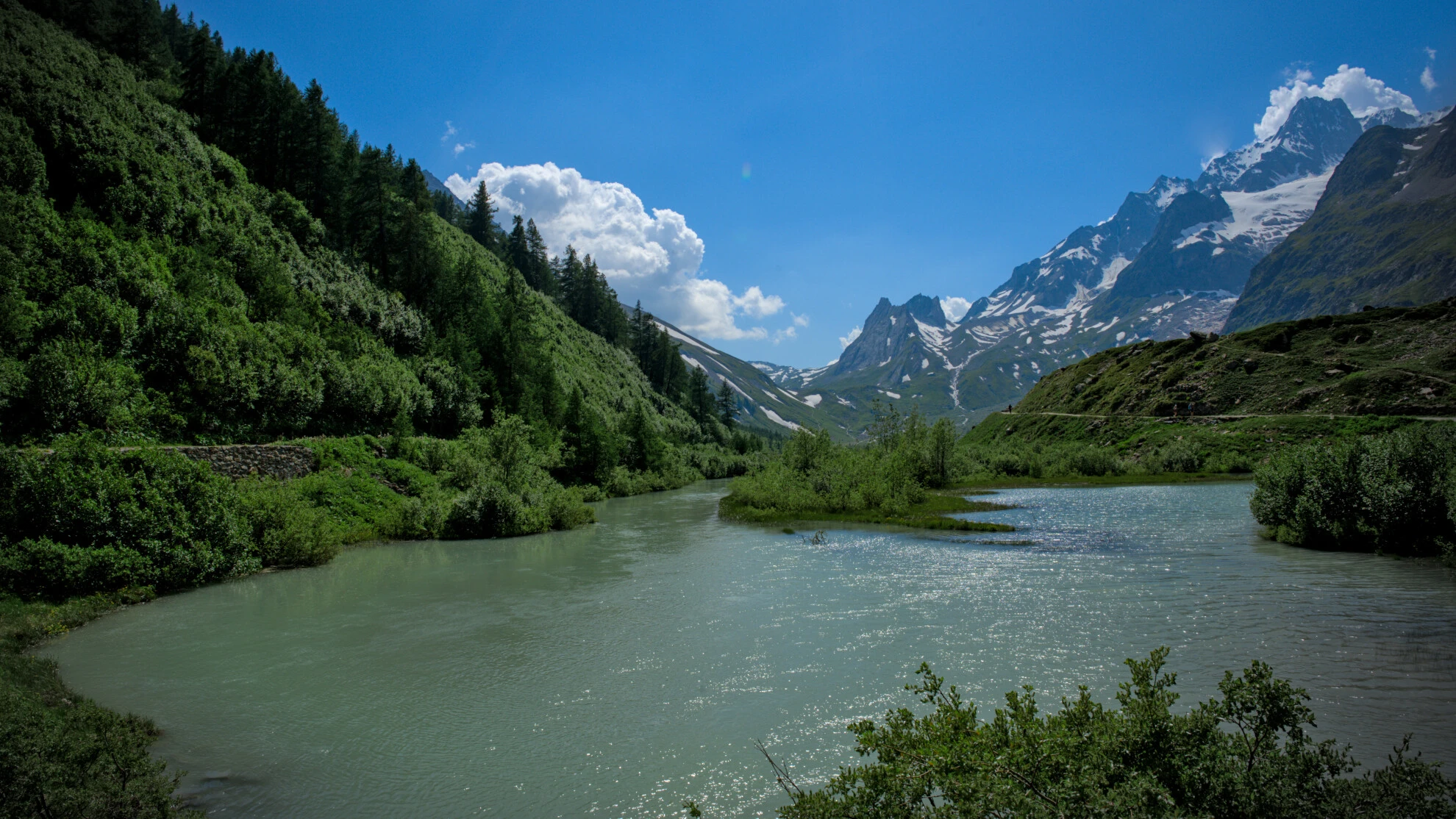 Le Val Ferret sous les Grandes Jorasses, entre prairie et torrent glaciaire