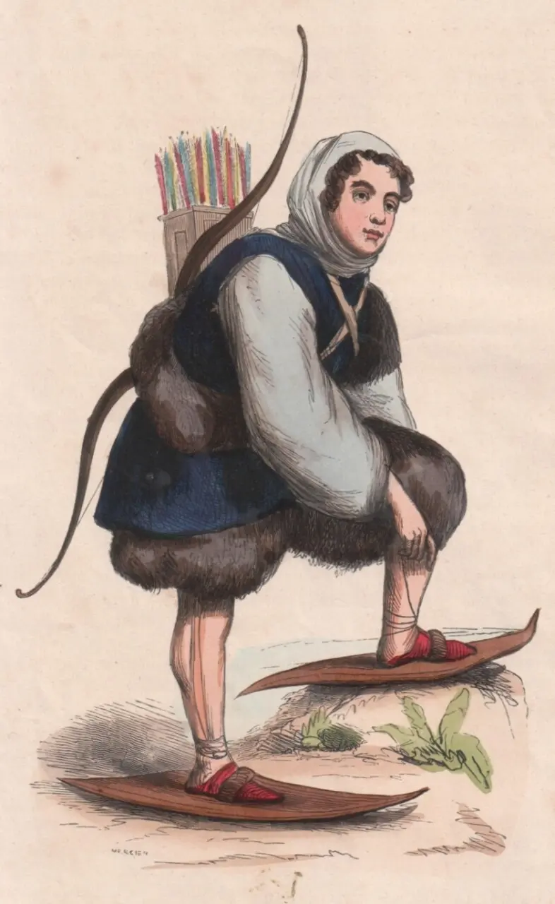 Lithographie colorisée d'un Nenets en raquettes à neige