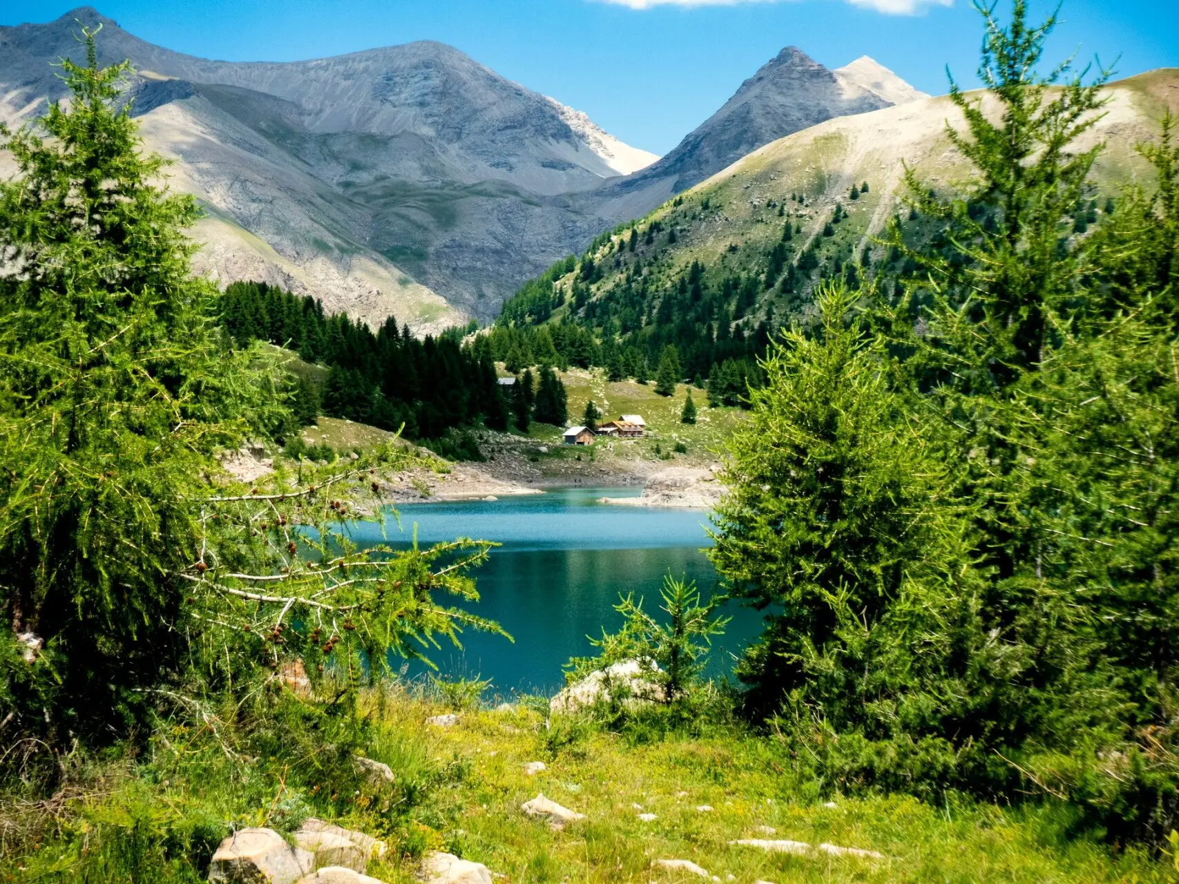 Lac d'altitude dans les Écrins, encaissé entre forêts de mélèzes et sommets