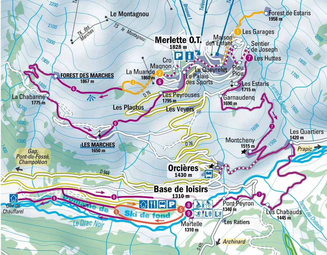Plan circuit raquette à neige Orcières Merlette