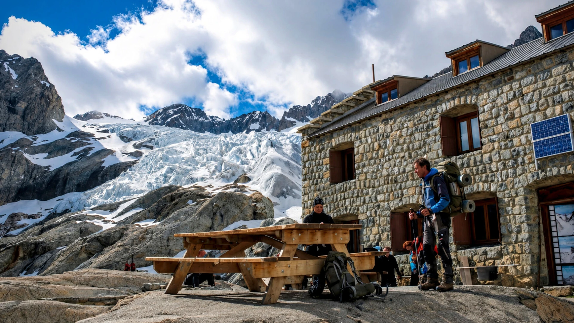 Le refuge du Glacier Blanc (2 542 m) et les séracs du glacier, dans le massif des Écrins