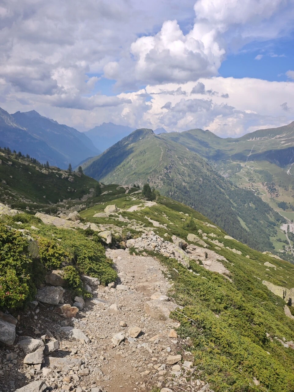 Le sentier caillouteux qui redescend des Chéserys vers le col des Montets